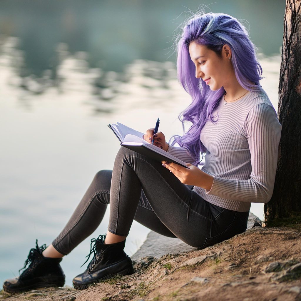 Purple hair woman journaling