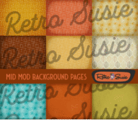 A collection of 10 mid-century modern digital background papers featuring retro atomic starbursts, geometric grids, and vintage textures in warm, nostalgic colors.
