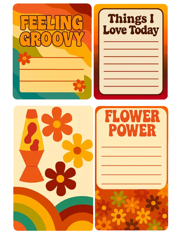A collection of mid-century modern and 70s-inspired digital ephemera, featuring atomic shapes, geometric patterns, and retro embellishments.