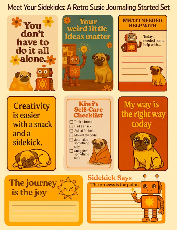 Preview of printable journaling cards featuring AI prompts, affirmations, and retro-style illustrations of Kiwi the pug and Sunny the robot.
