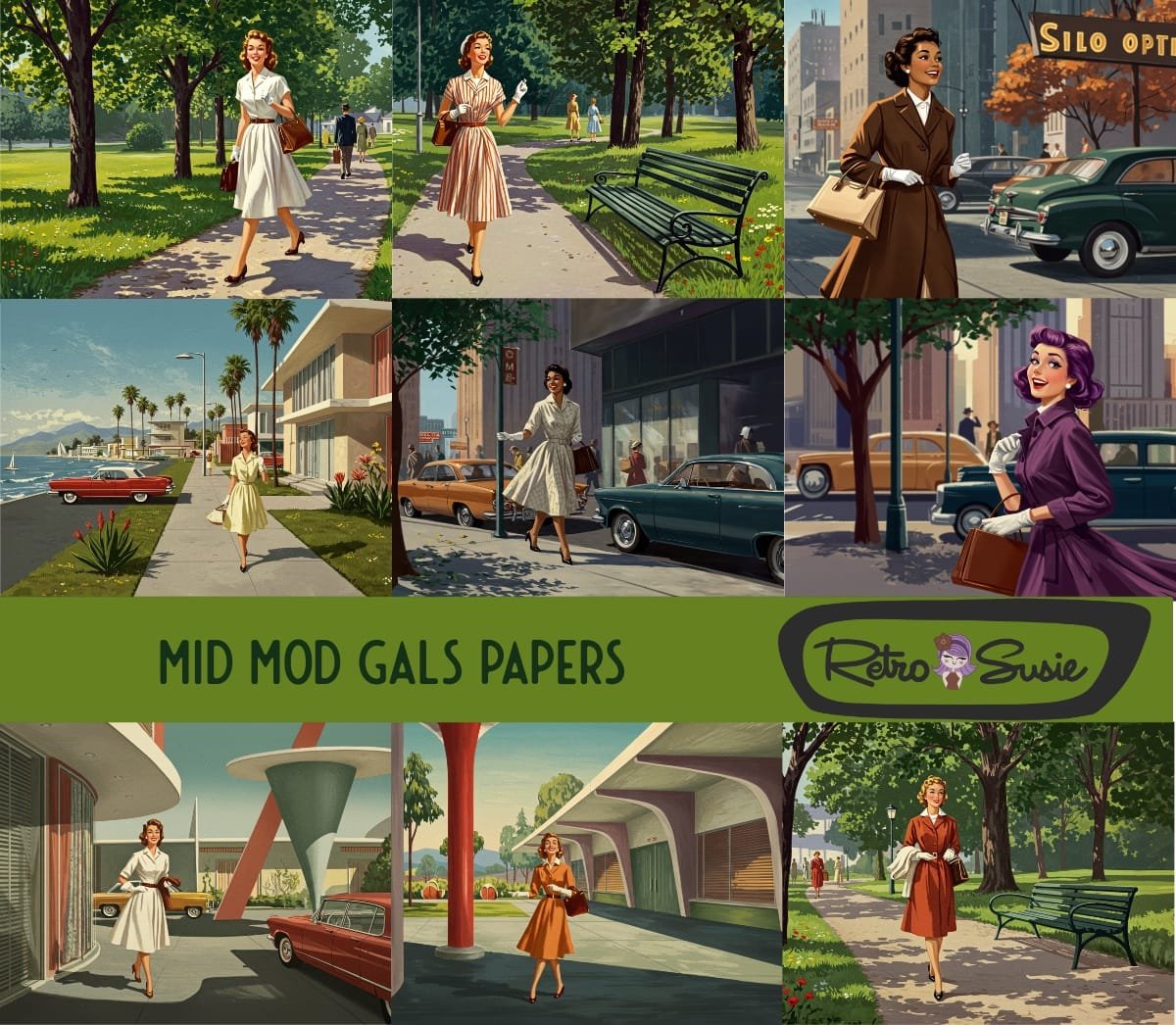 A collection of mid-century modern scene backgrounds, including futuristic buildings, parks, and retro cityscapes, perfect for journaling and scrapbooking.