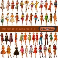 A collection of printable mid-century modern-inspired female paper dolls dressed in 1950s-70s fashion, perfect for journaling, scrapbooking, and retro crafts.