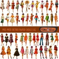 A collection of printable mid-century modern-inspired female paper dolls dressed in 1950s-70s fashion, perfect for journaling, scrapbooking, and retro crafts.