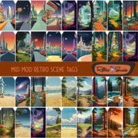 A collection of printable mid-century modern tags featuring retro-futuristic cityscapes, space-age designs, and natural landscapes.