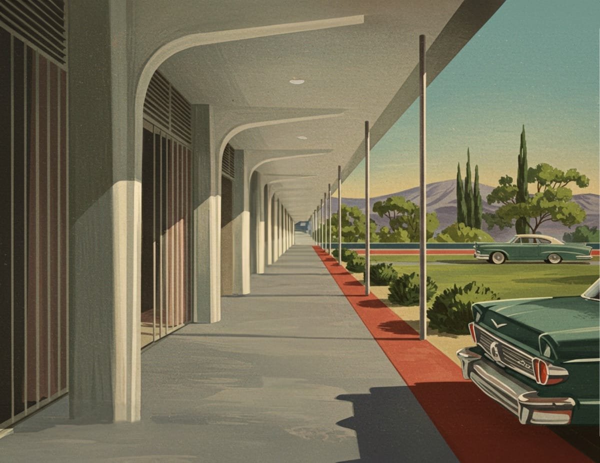 A collection of mid-century modern scene backgrounds, including futuristic buildings, parks, and retro cityscapes, perfect for journaling and scrapbooking.