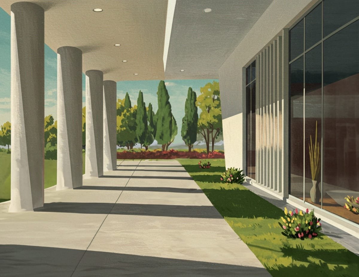 A collection of mid-century modern scene backgrounds, including futuristic buildings, parks, and retro cityscapes, perfect for journaling and scrapbooking.