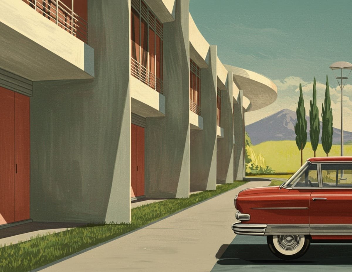 A collection of mid-century modern scene backgrounds, including futuristic buildings, parks, and retro cityscapes, perfect for journaling and scrapbooking.