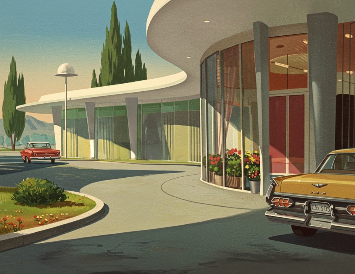 A collection of mid-century modern scene backgrounds, including futuristic buildings, parks, and retro cityscapes, perfect for journaling and scrapbooking.