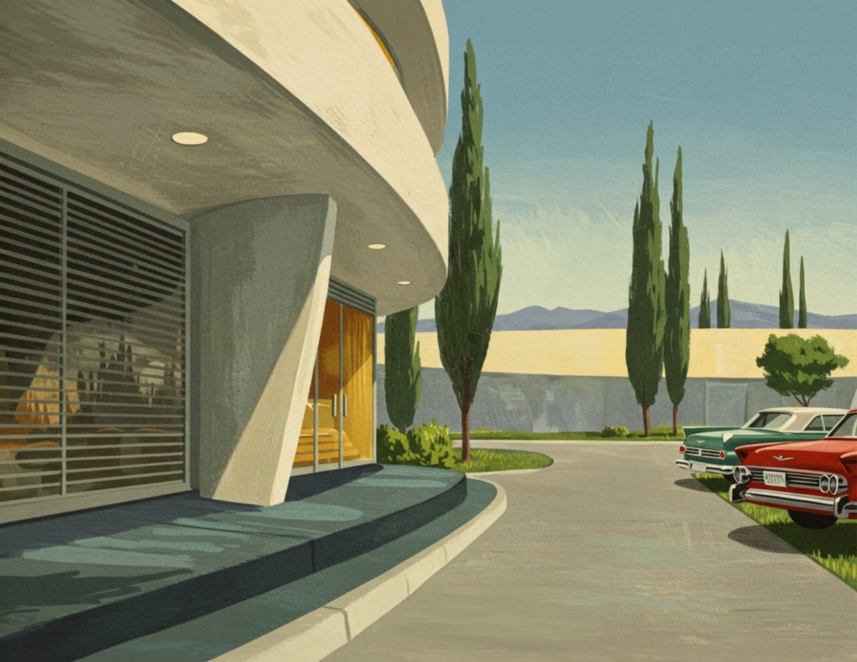 A collection of mid-century modern scene backgrounds, including futuristic buildings, parks, and retro cityscapes, perfect for journaling and scrapbooking.