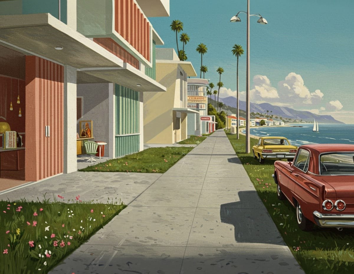 A collection of mid-century modern scene backgrounds, including futuristic buildings, parks, and retro cityscapes, perfect for journaling and scrapbooking.