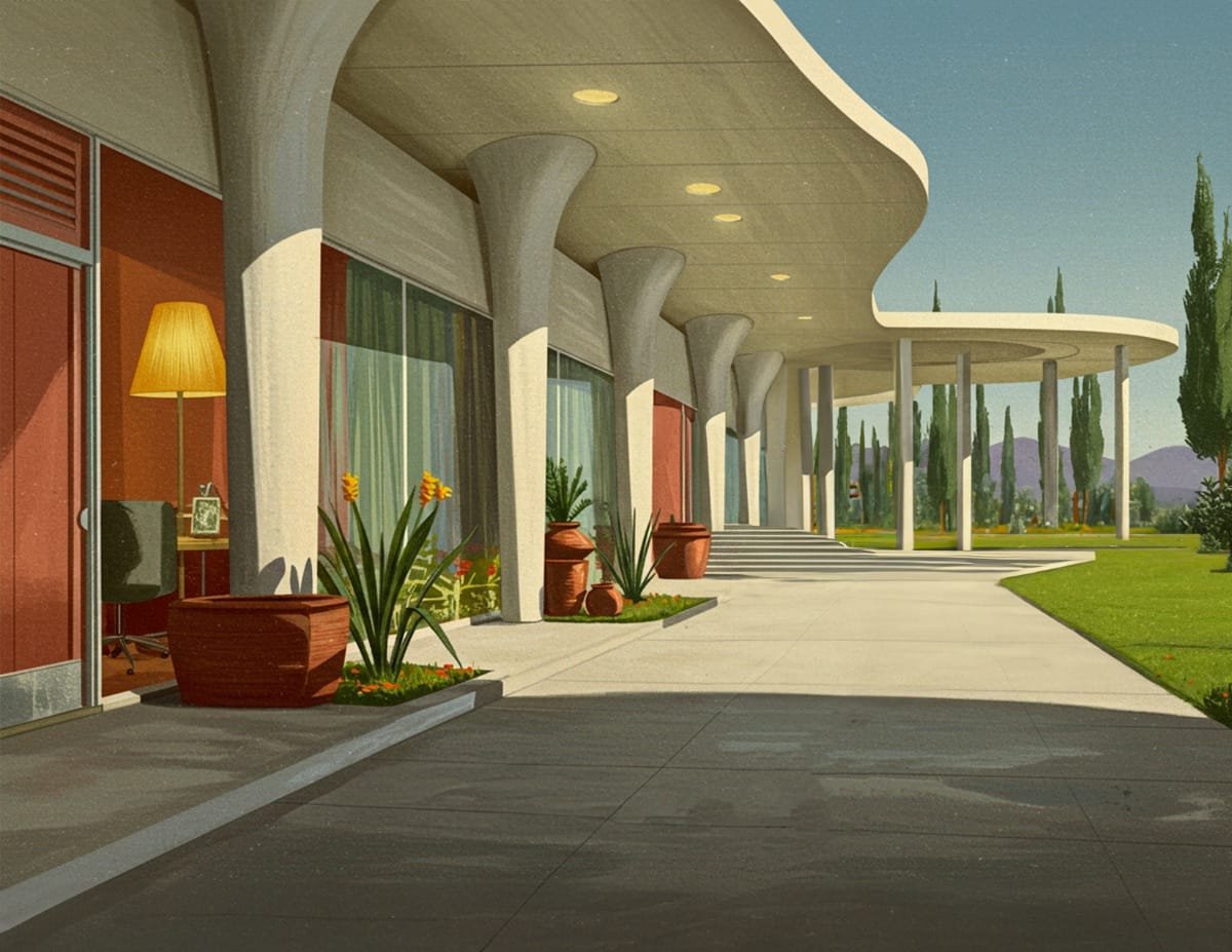 A collection of mid-century modern scene backgrounds, including futuristic buildings, parks, and retro cityscapes, perfect for journaling and scrapbooking.