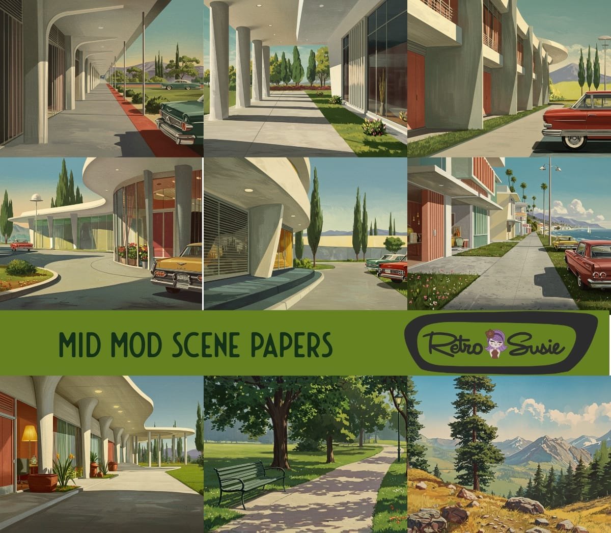 A collection of mid-century modern scene backgrounds, including futuristic buildings, parks, and retro cityscapes, perfect for journaling and scrapbooking.